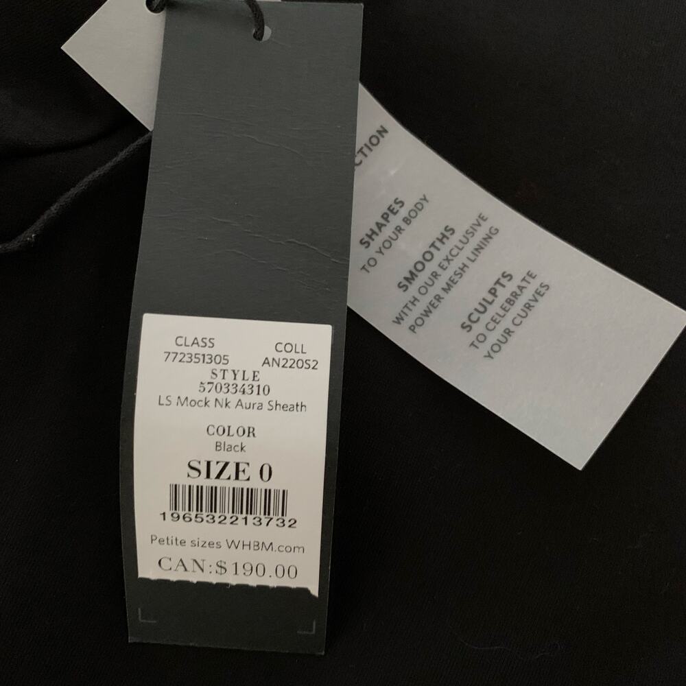 WHBM Mini Dress NWT Women's Sz 0 Aura Long Sleeve Black Stretch Sculpting Sheath - Picture 4 of 8